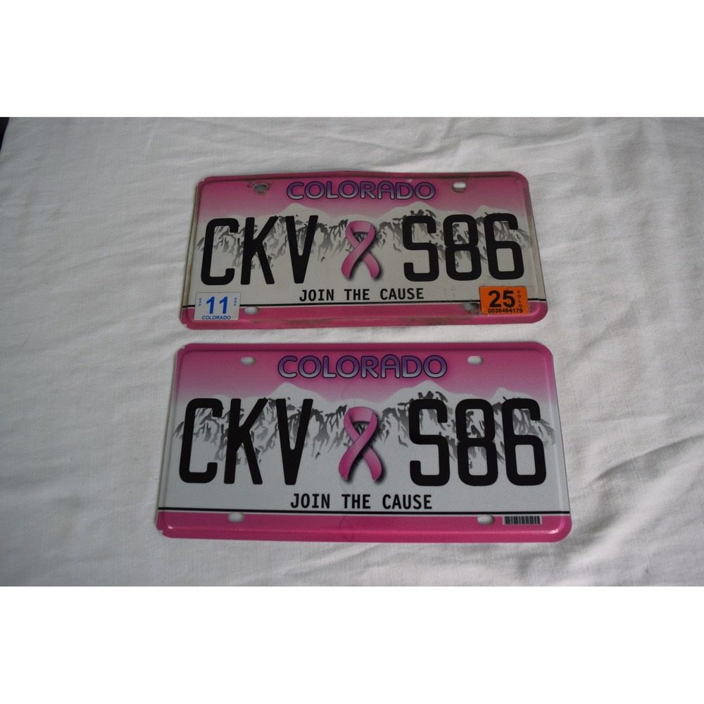 Colorado License Plates Pair Pink Breast Cancer Awareness CKV 586 Join The Cause